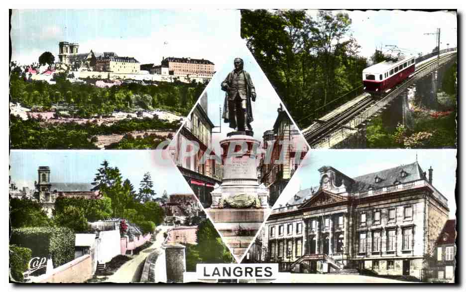 Langres — vue panoramique avec statue de Diderot, cathédrale, remparts et tramway — Cap