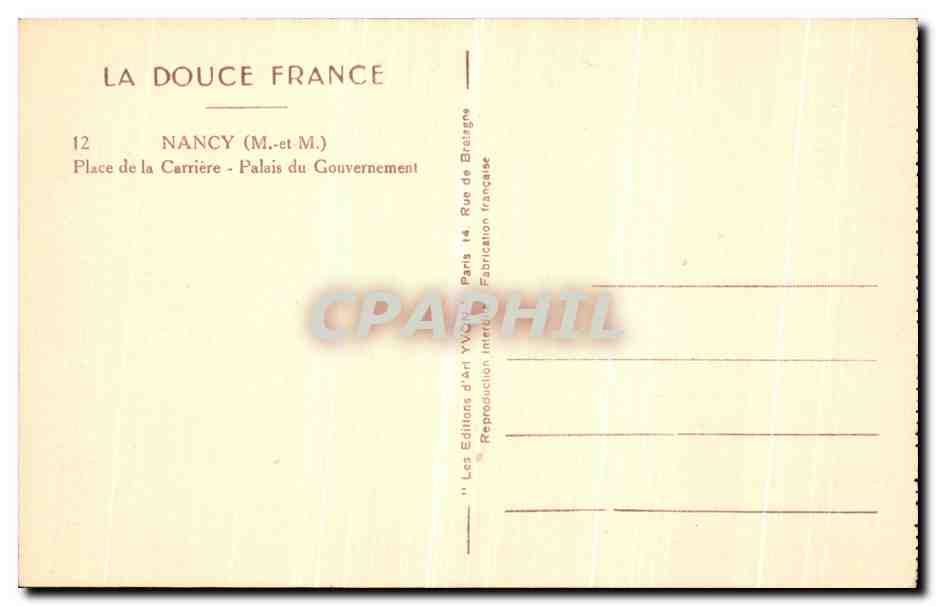 CPA Nancy place de la Carriere Palais du Gouvernement — Verso