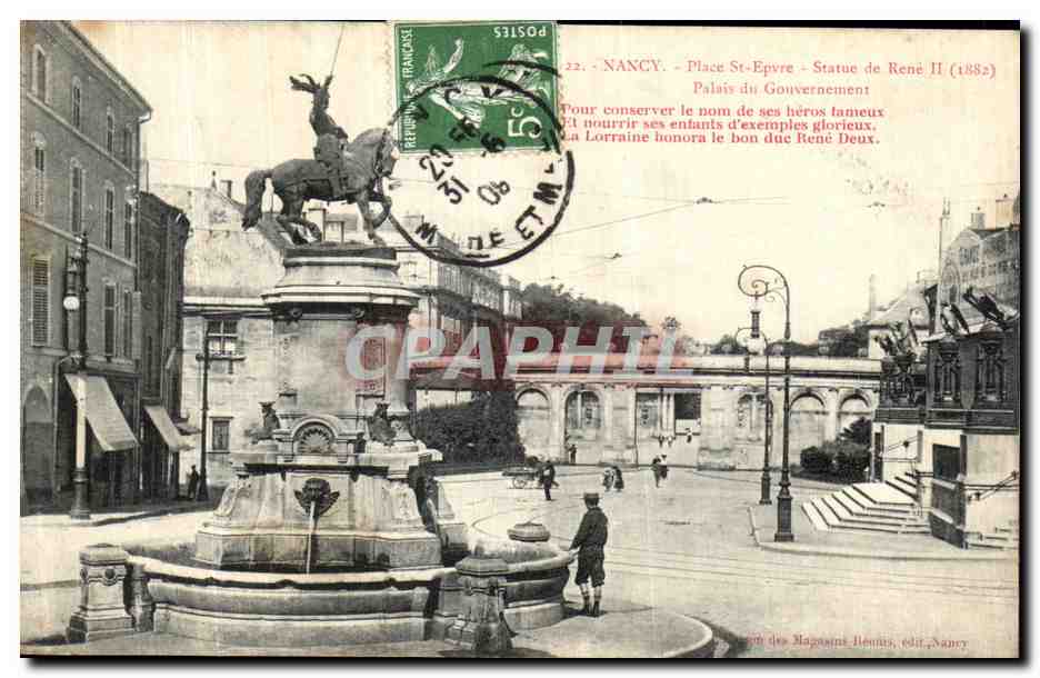 Nancy - Place Saint-Épvre - Statue de René II (1882) — Palais du Gouvernement — éditeur Magasins Hennus, Nancy