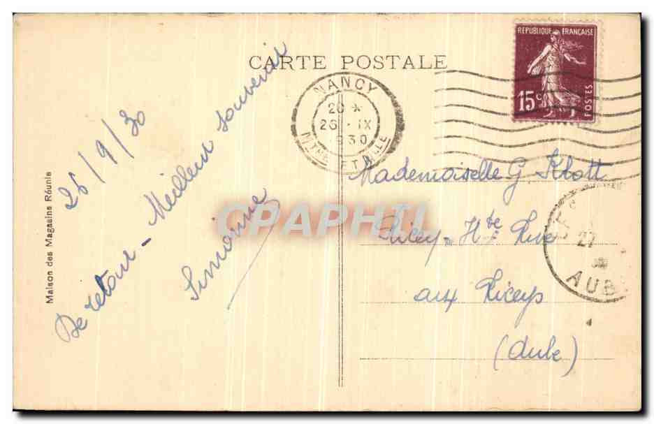 CPA Nancy Place Thiers Magasins Reunis — Verso