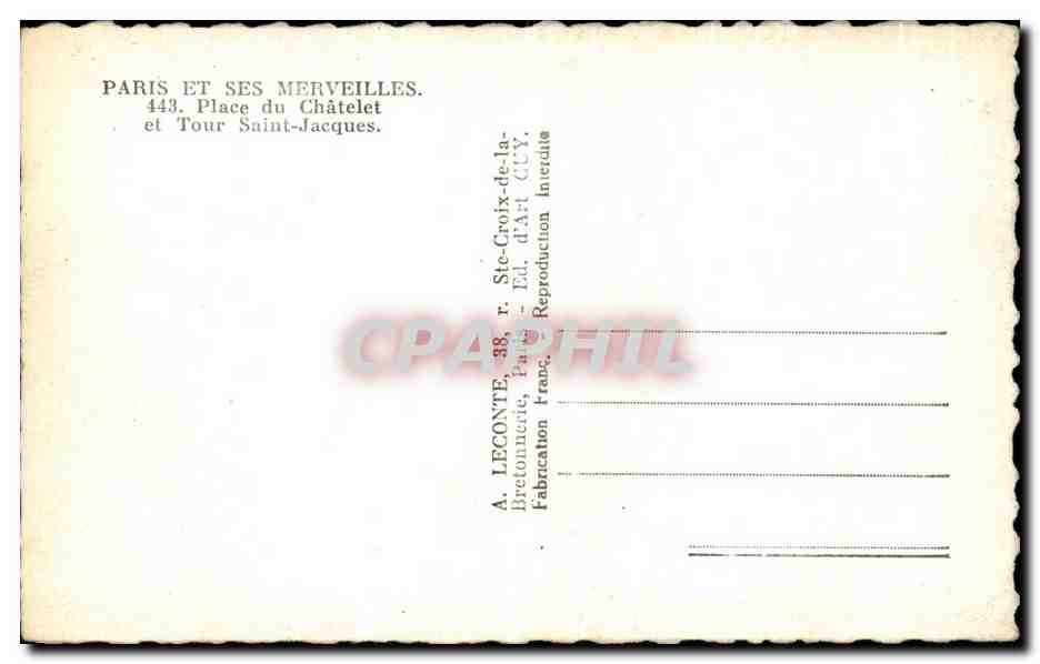CPA Paris Et Ses Merveilles Place du Chatelet et tour Saint Jacques — Verso
