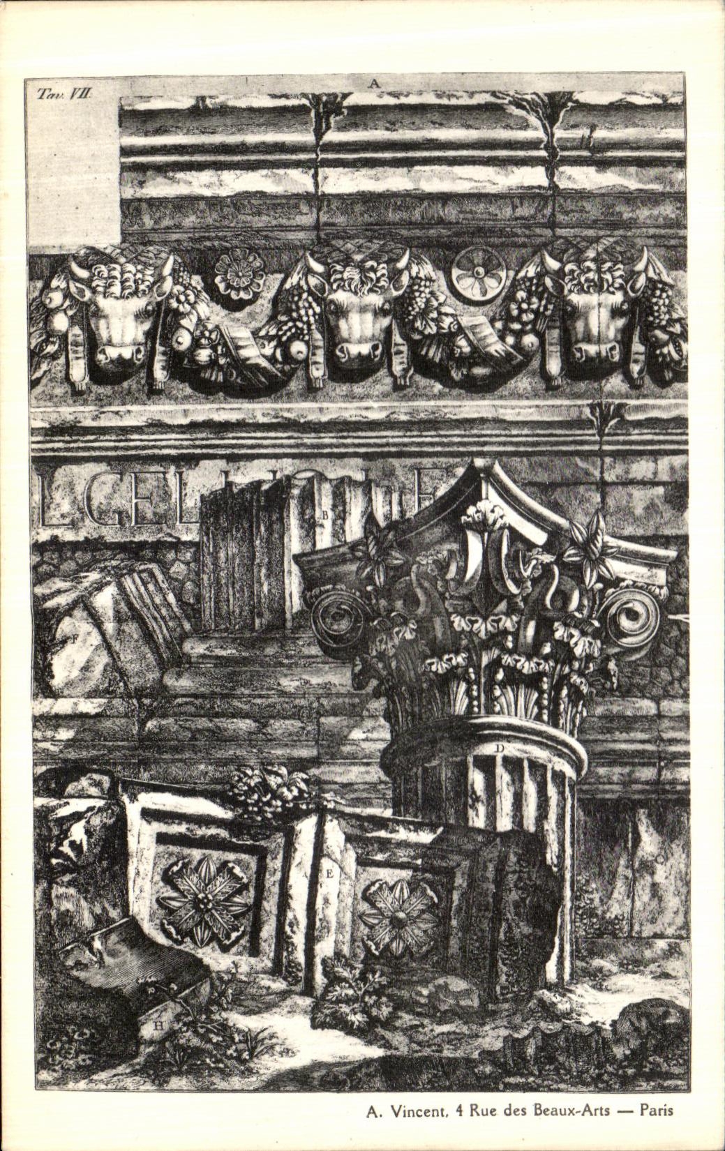 Architektonischer Detail — Verzierungen von Konsolen und Kapitellen — A. Vincent, 4 Rue des Beaux-Arts — Paris