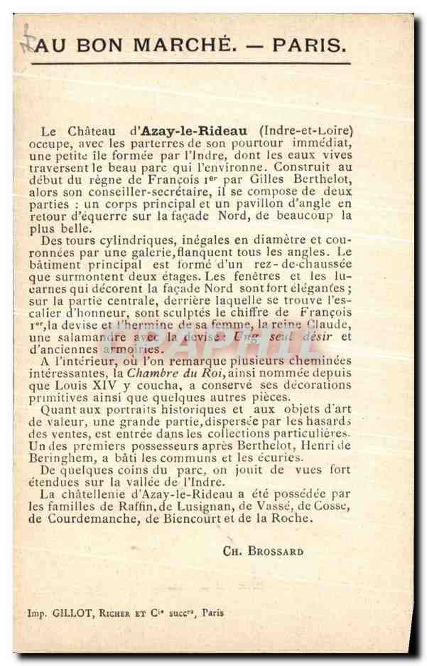 CPA Paris Au Bon Marche Chateau d Azay le Rideau  — Rückseite