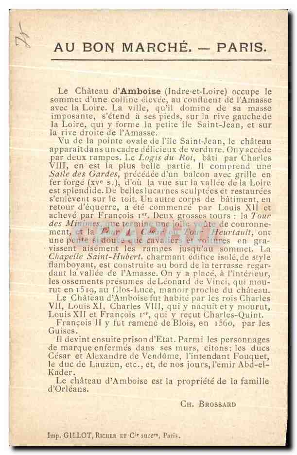CPA Paris Au Bon Marche Chateau D Amboise  — Rückseite