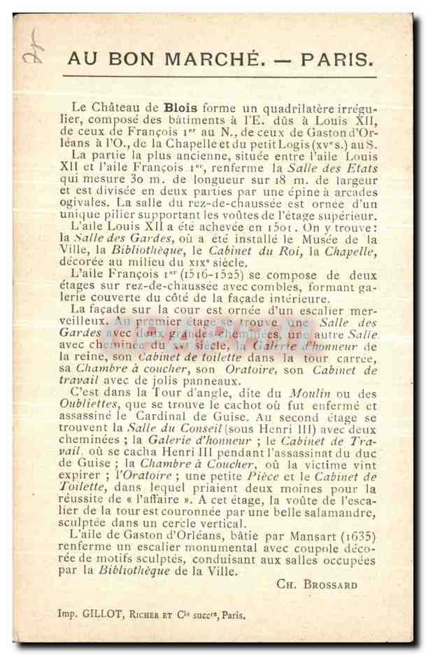 CPA Au Bon Marche Paris Chateau De Blois Aile dite de LouisXII — Rückseite