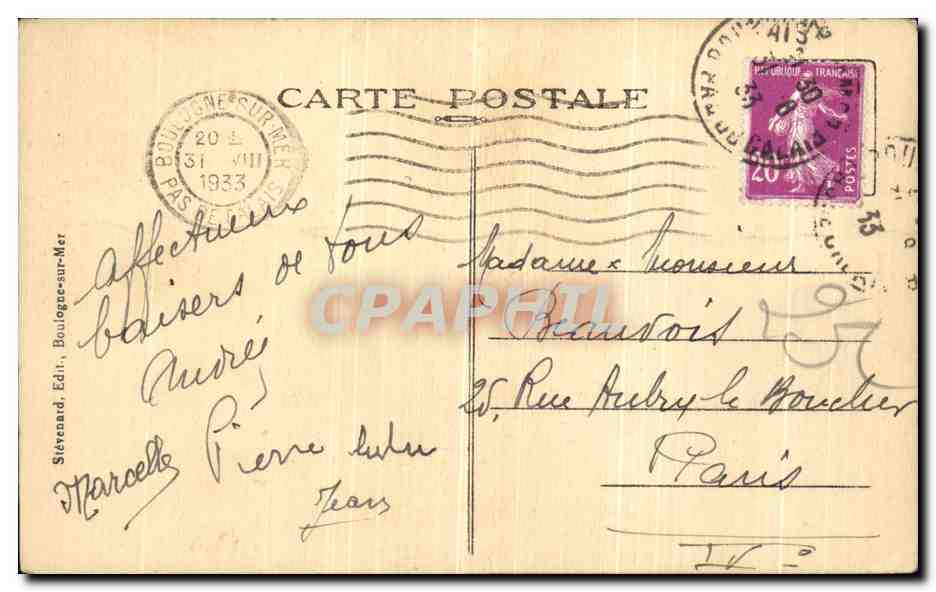 Tarjeta postal antigua Boulogne Sur Mer — La Catedral y la Puerta de Calais — Reverso