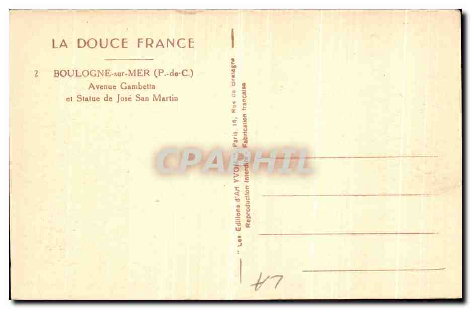 Boulogne-sur-Mer — Estatua de José San Martin — Les Éditions d'Art Yvon — Reverso