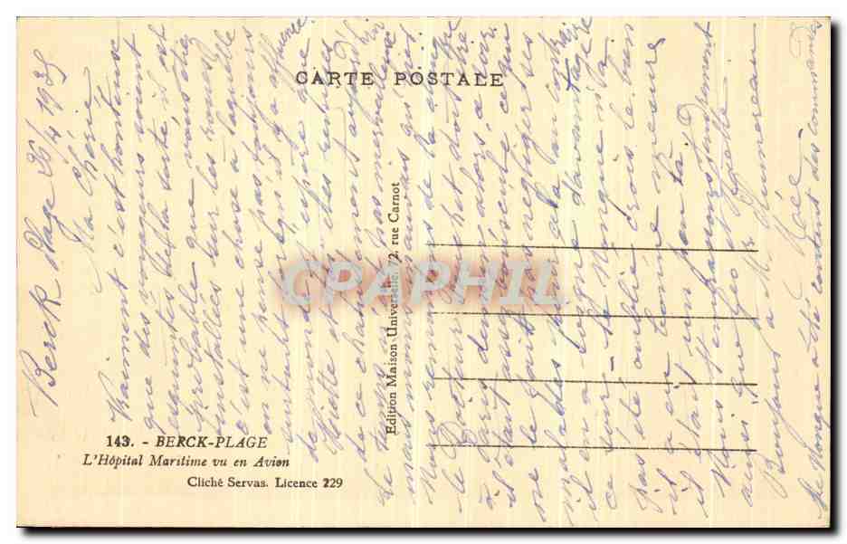 CPA Berck Plage L Hopital Maritime vu en Avion — Rückseite