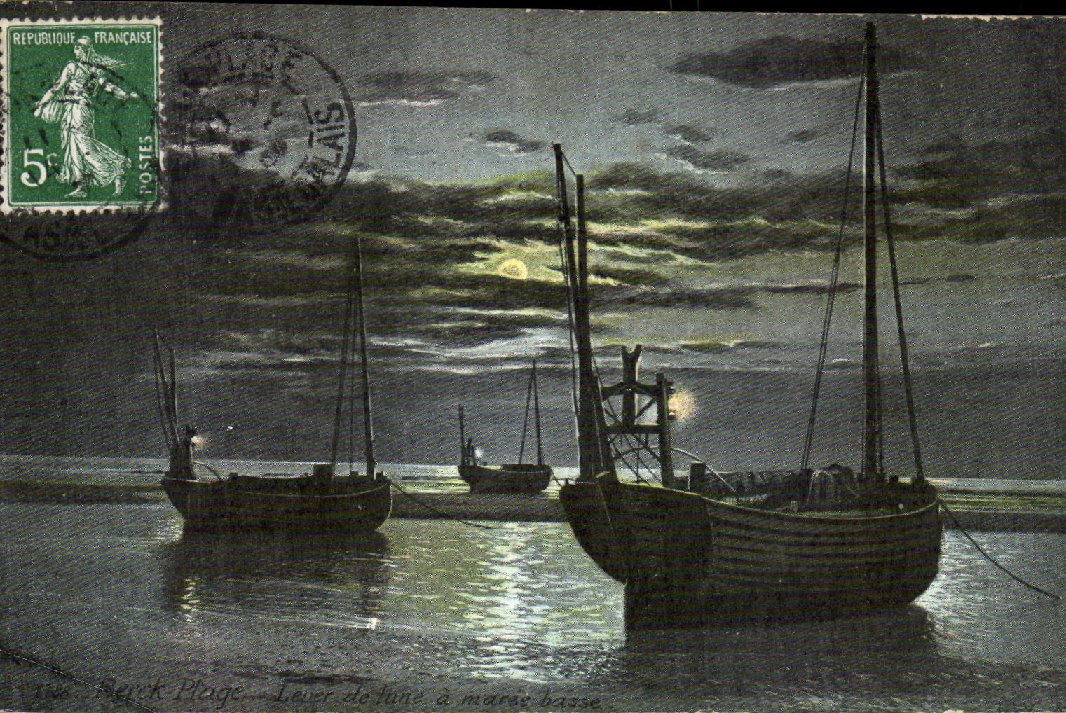 CPA Berck Plage lever de lune a maree basse Bateaux 