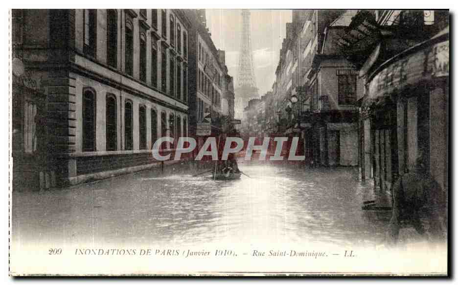 CPA Paris Inondations Rue SAint dominique Tour Eiffel