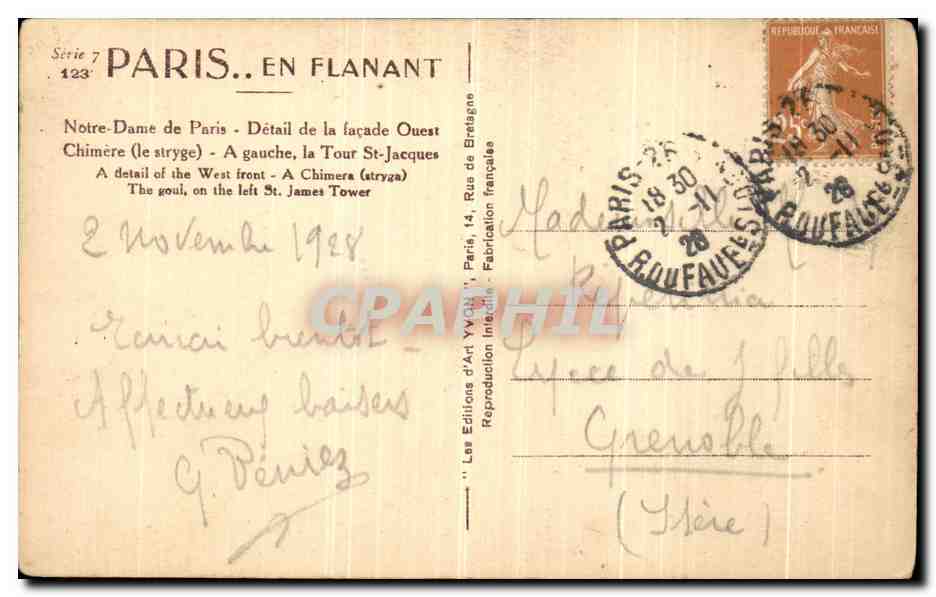 CPA Paris Notre Dame Chimere Le stryge — Verso
