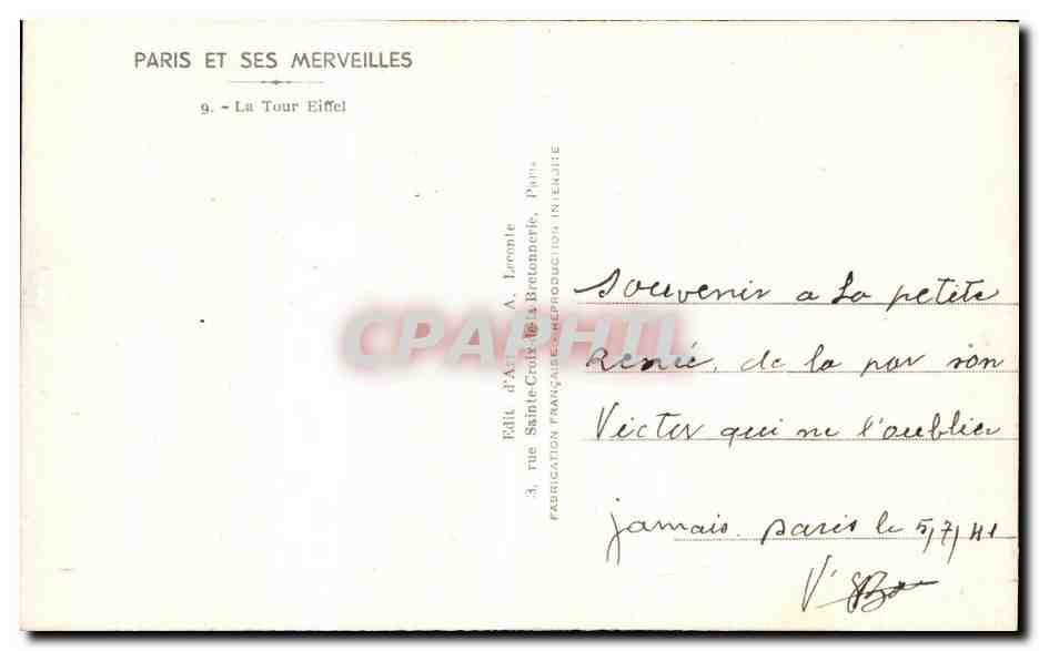 CPA Paris Ses Merveilles Tour Eiffel Peniche  — Rückseite