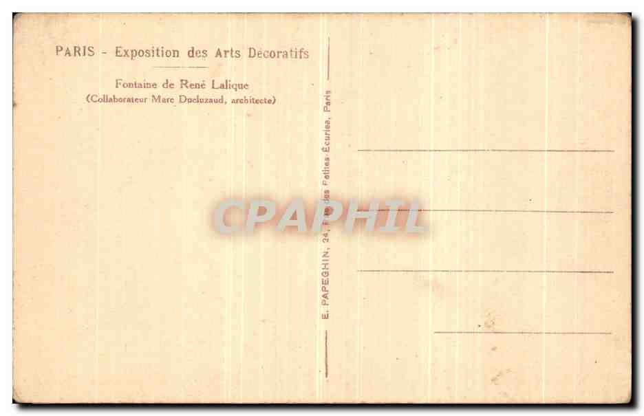 CPA Paris Exposition des Arts Decoratifs 1925 Fontaine de Rene Lalique — Rückseite