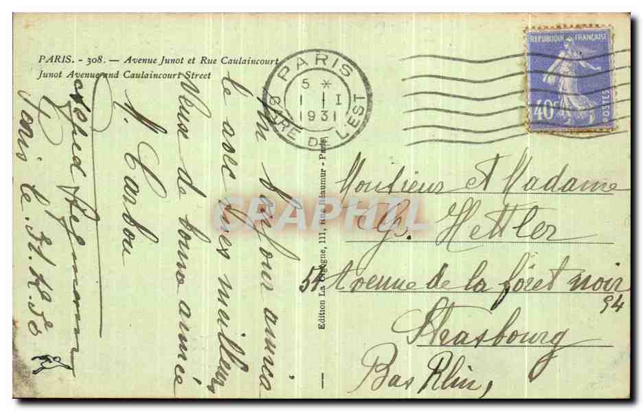 CPA Paris Avenue Junot et Rue Caulaincourt  — Rückseite