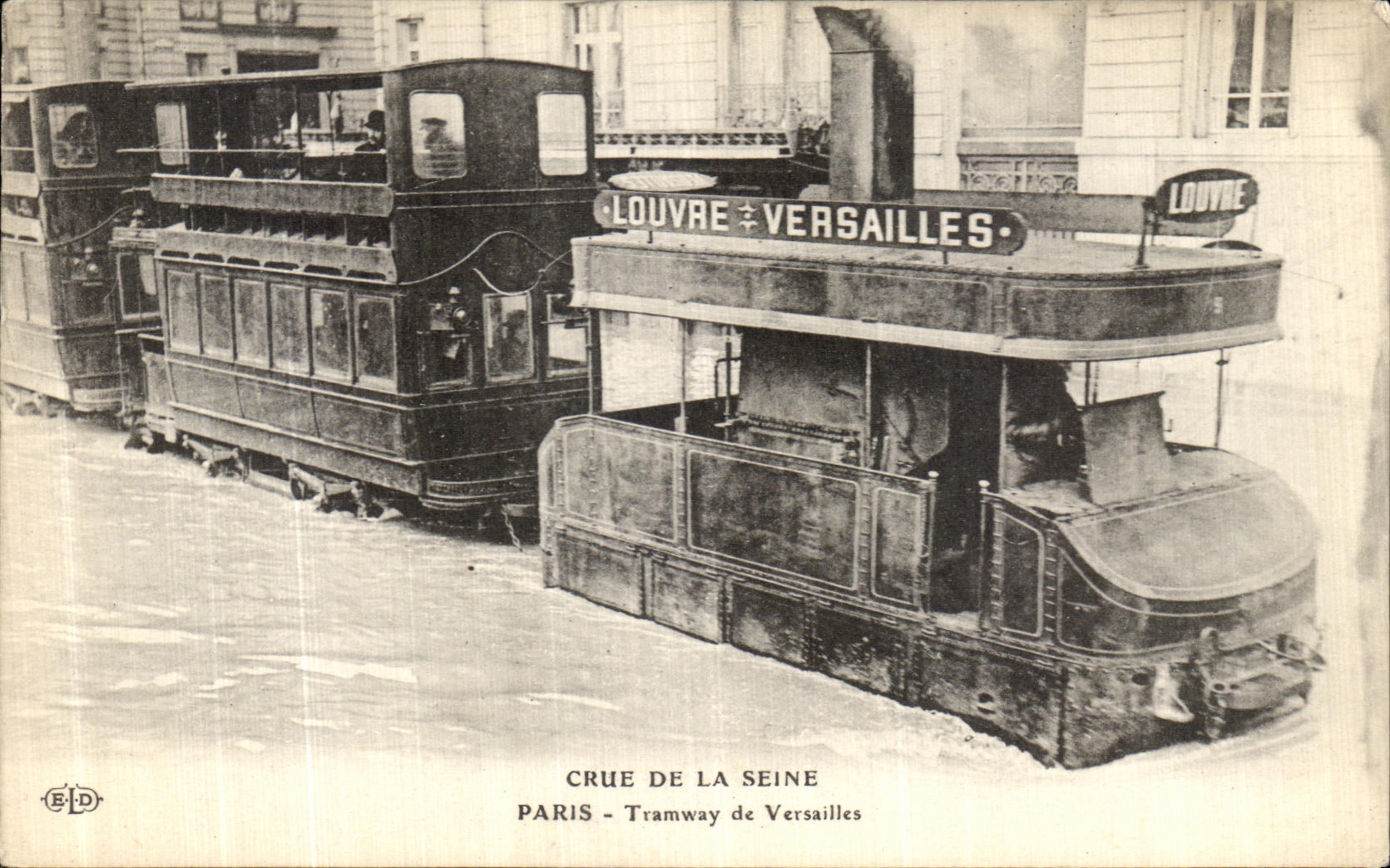 CPA Crue de la Seine Paris Tramway de Versailles Louvre