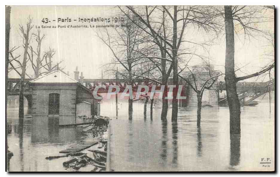 CPA Paris Inondations La Seine au pont d Austerlitz la passerelle du Metro 