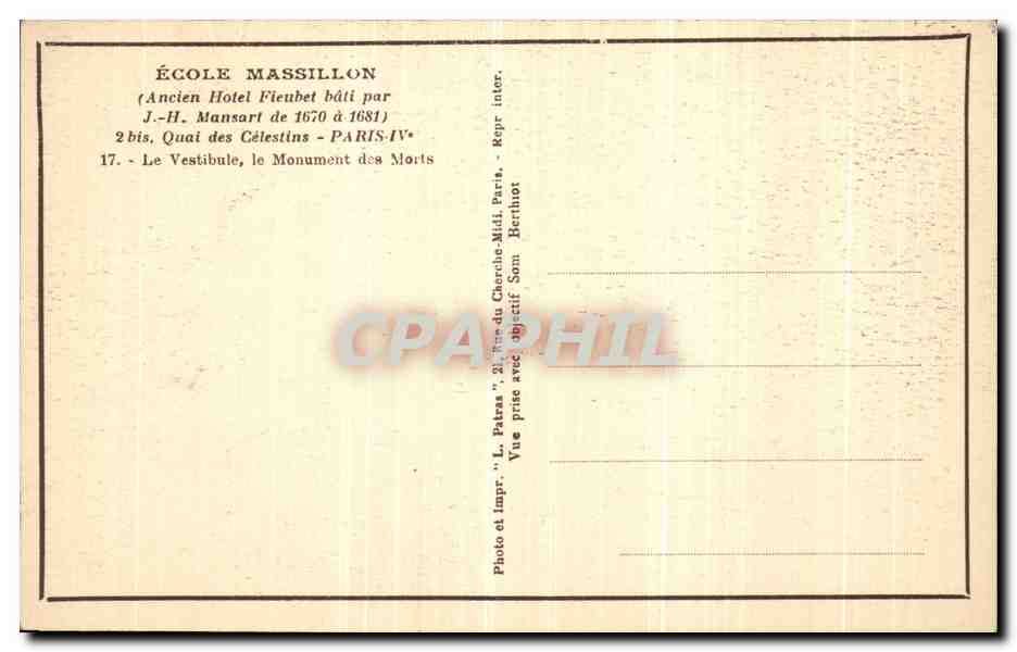 CPA Paris Ecole Massillon Ancien hotel Fleubet Quai des Calestins Le vestibule Le monument des morts — Rückseite