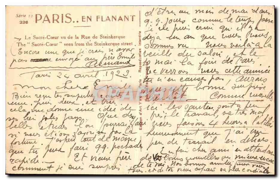 CPA Paris Le Sacre Coeur vu de la rue Steinkerque  — Rückseite
