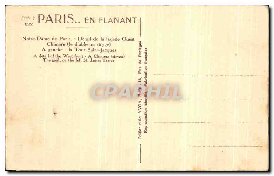 CPA Paris Notre Dame de Paris Chimere le diable ou stryge  — Rückseite