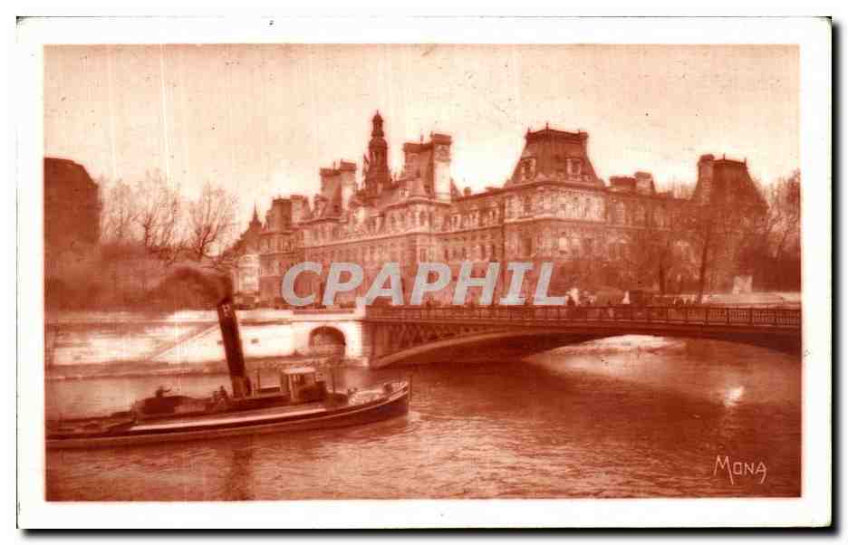 CPA Paris Hotel de ville et le pont d Arcole Bateau 