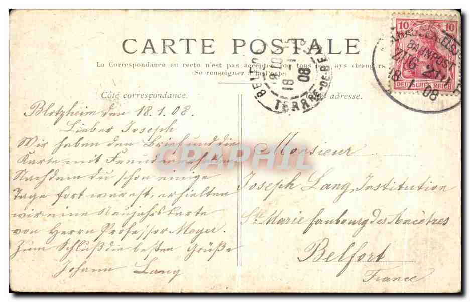 Germania 10pfg rouge avec cachet Bahnpost ZUG 210 1908 Mulhausen sur CPA Paris L Ecole Militaire — Rückseite