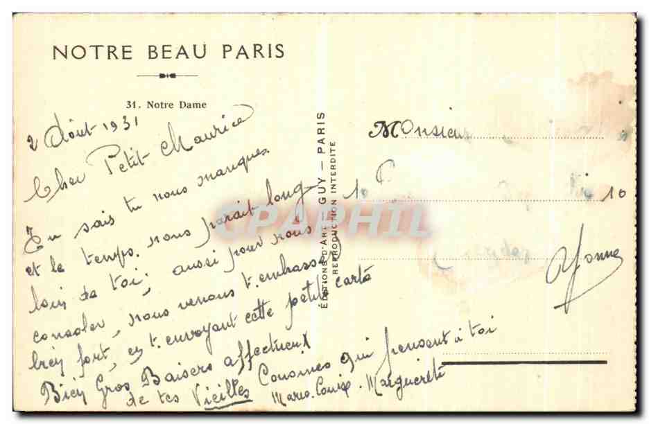 CPA Notre Beau Paris Notre Dame  — Verso