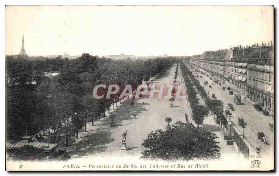 CPA Paris Perspective du Jardin des Tuileries et Rue de Rivoli Tour Eiffel