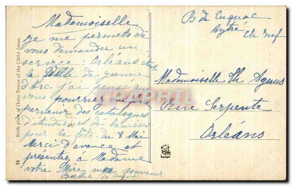 CPA Alencon Maison ou naquit Soeur Therese de l Enfant Jesus — Rückseite