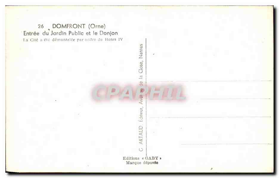 CPA Domfront Entree du Jardin Public et le Donjon — Rückseite