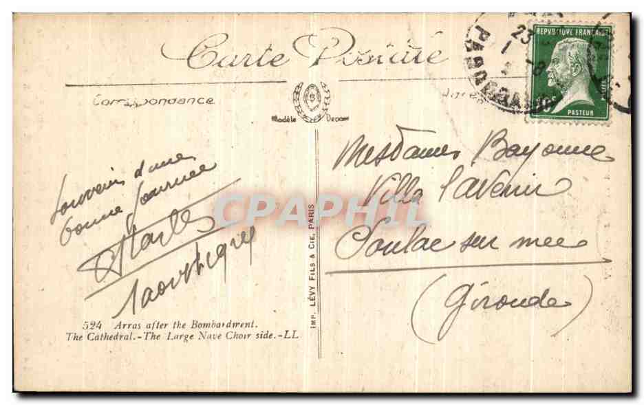 Arras après le bombardement — La cathédrale, la grande nef (côté du chœur) — Imp. Lévy Fils & Cie, Paris — Reverso
