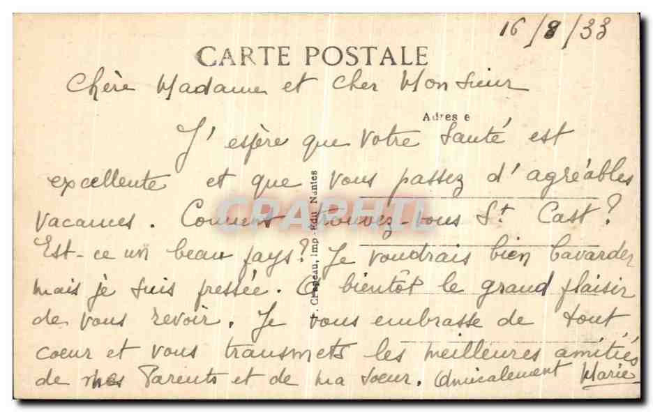 CPA Saint Nazaire A la Cote Plage et Falaises de Port Charlotte — Back