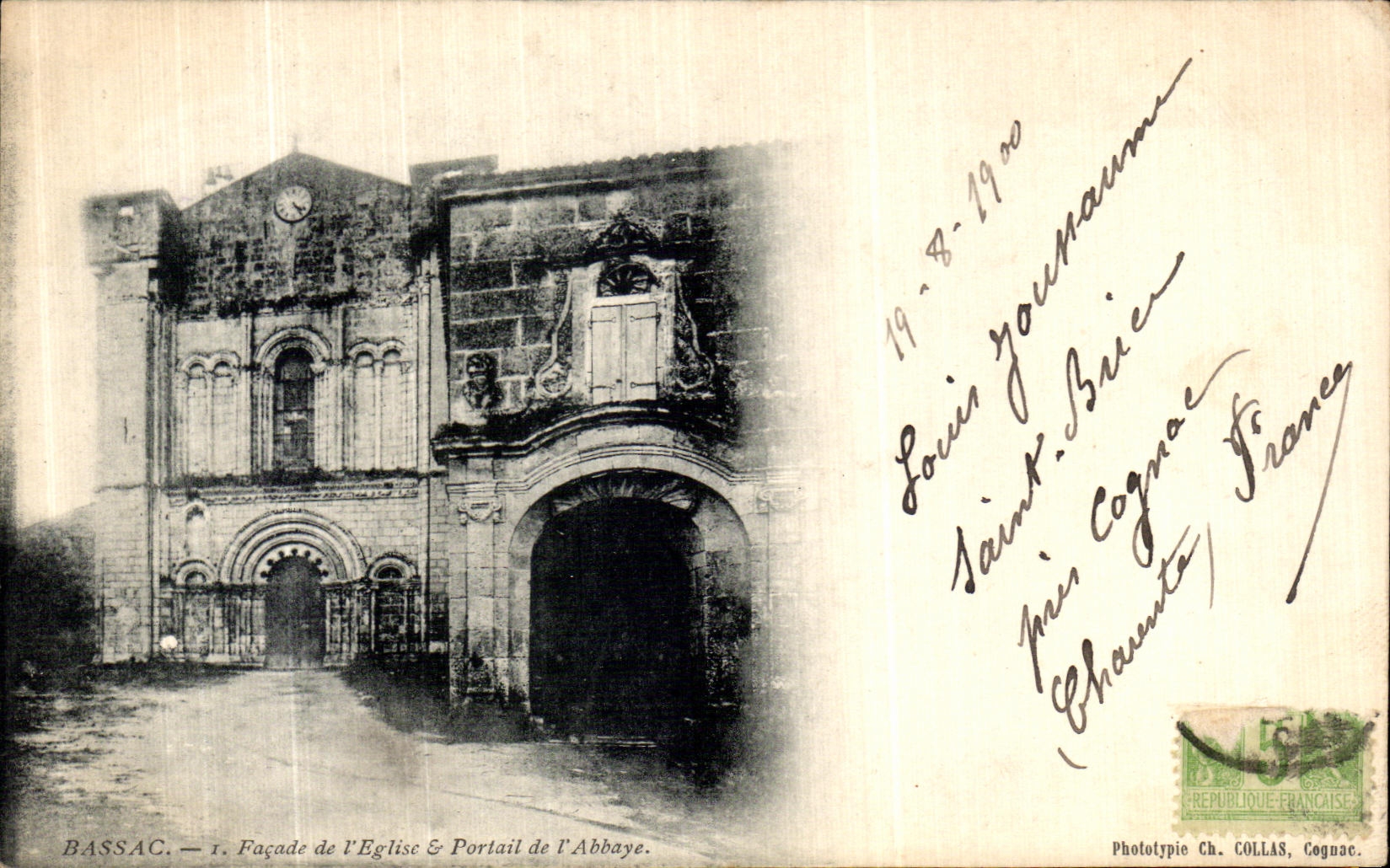 Bassac — Façade de l'Église & Portail de l'Abbaye — Phototypie Ch. COLLAS, Cognac