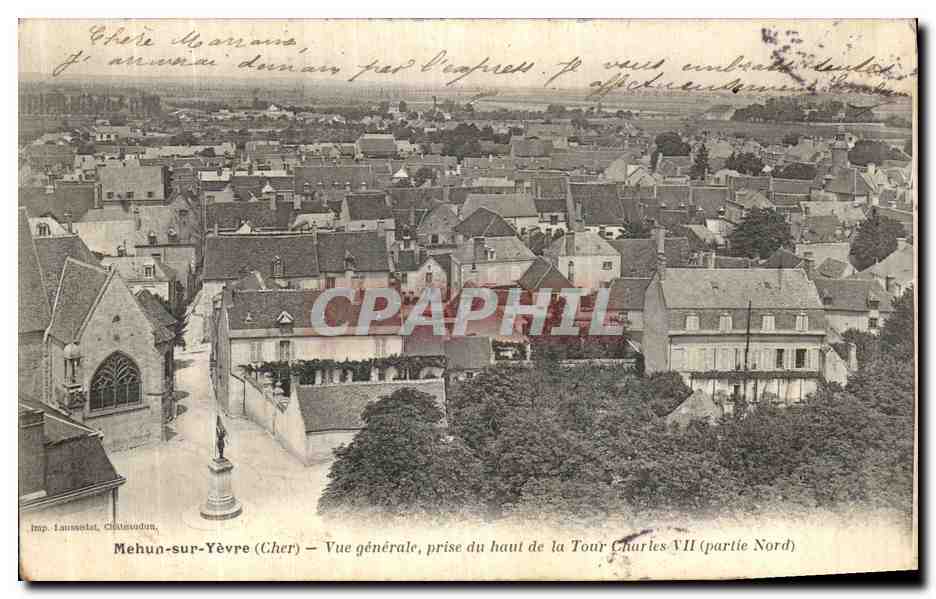 Mehun-sur-Yèvre (Cher) — Vue générale, prise du haut de la Tour Charles VII (partie Nord) — Imp. Lausselot, Châteaudun