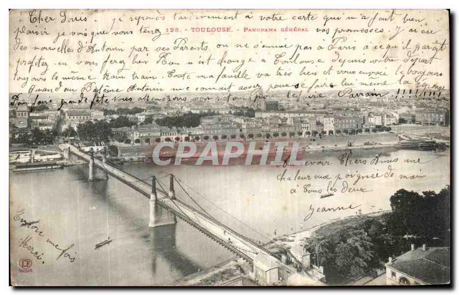Vue aérienne de Toulouse — Pont suspendu sur la Garonne — Panorama général — Éditeur : L.F. (Toulouse)