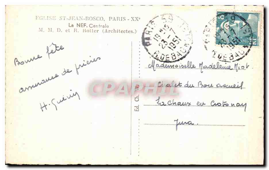 CPSM Eglise St Jean Bosco Paris La Nef Centrale — Verso