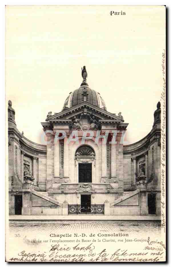 CPA Paris Chapelle de ND de Consolation selevee sur l emplacement du Bazar de la Charite rue Jean Goujon