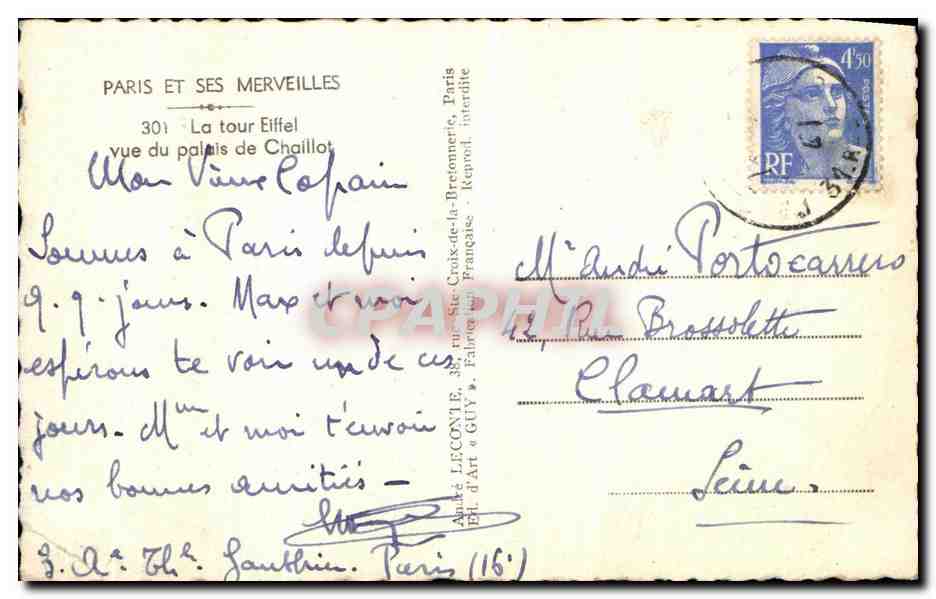 Die Eiffelturm — Ansicht vom Palais de Chaillot — Verlag Léconie, Nr. 301 — Rückseite