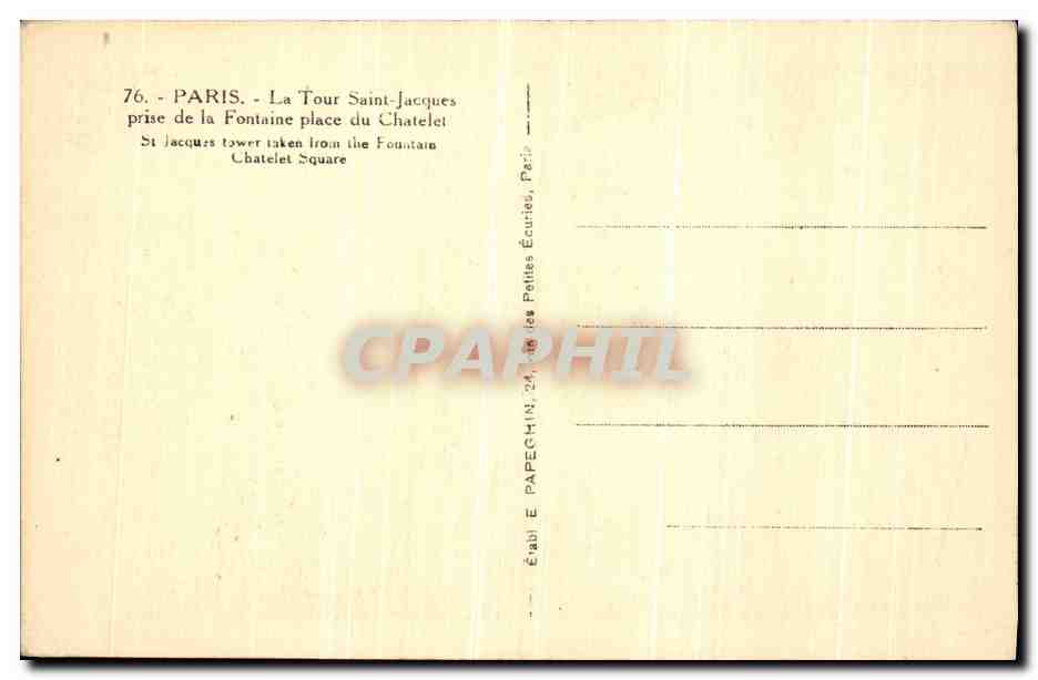 CPA Paris La Tour Saint Jacques prise de la Fontaine place du Chatelet Sphinx — Rückseite