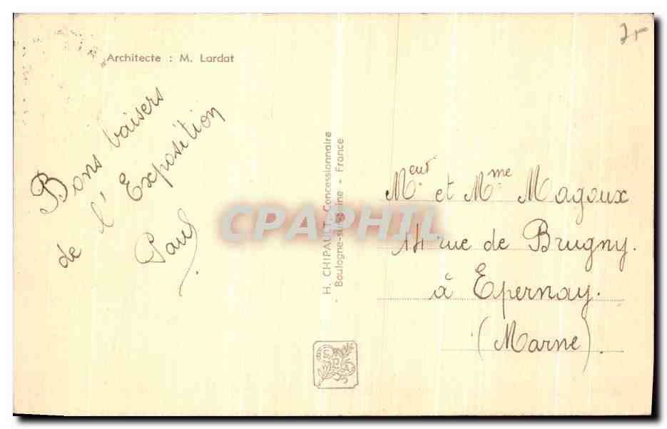 Pavillon de l'Égypte — Exposition Internationale Paris 1937 — H. CHIPAULT, Concessionnaire — n° 207 — Reverso