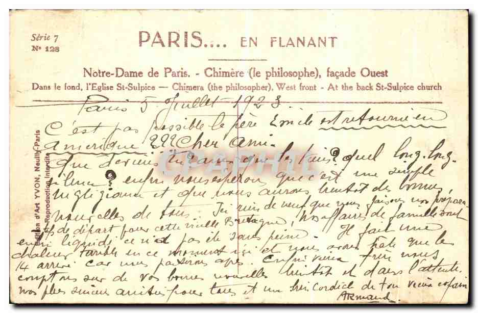 CPA Paris En Flanant Notre Dame de Paris Chimere — Rückseite