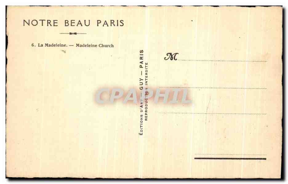 CPA Notre Beau Paris La Madeleine  — Verso