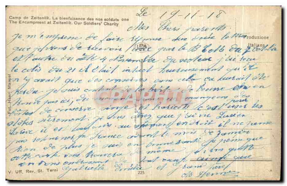 Camp de Zeitenlik — La bienfaisance des nos soldats — Production italienne — Reverso