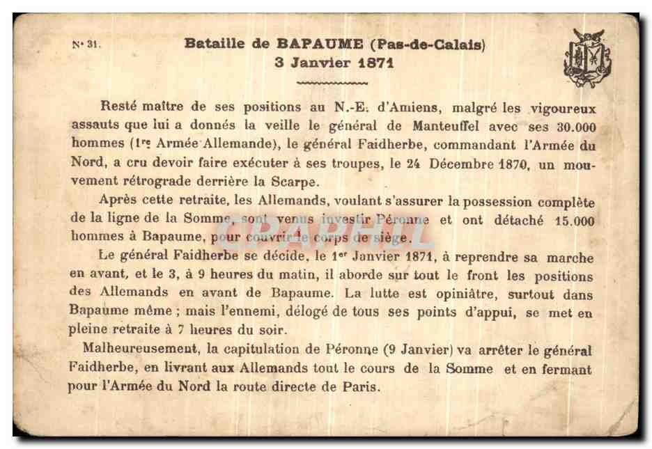 Carte Bataille de Bapaume 3 janvier 1871 — Verso