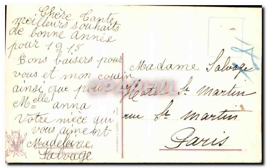 Petite Réfugiée — Sujet religieux avec religieuse et enfant — Phot. Mamel, édit. Patricio, n° V. A DIEU — Verso