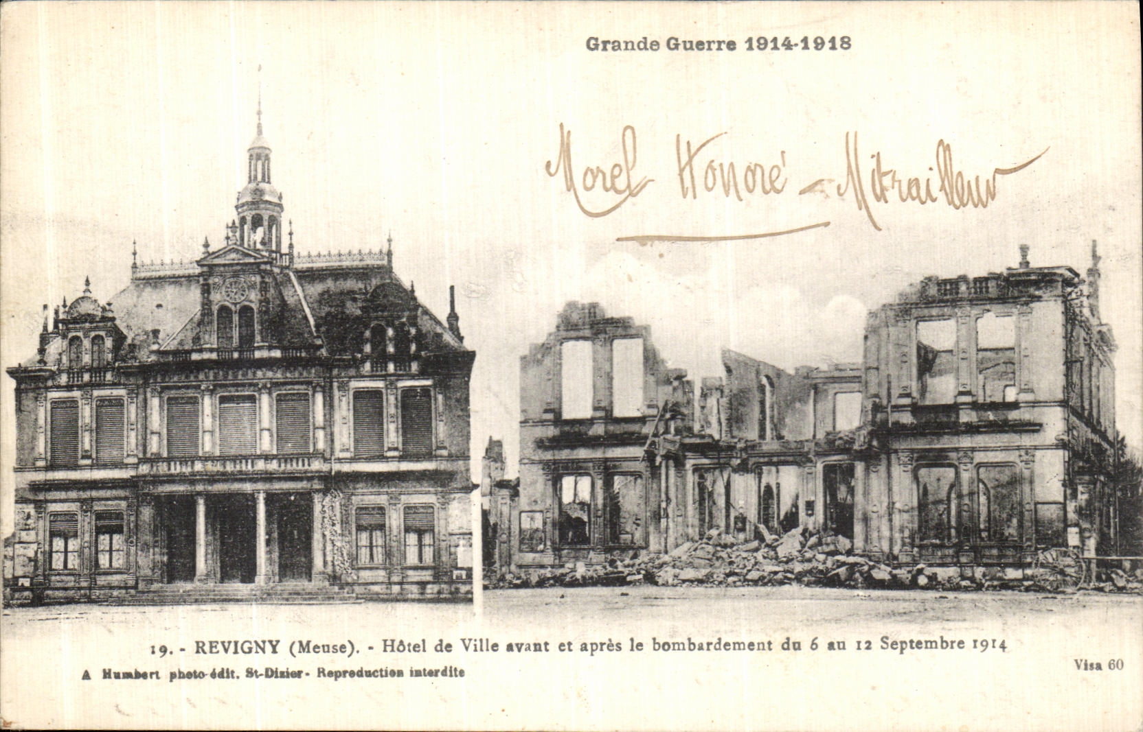 CPA Revigny Hotel de Ville avant et apres le bombardement Militaria