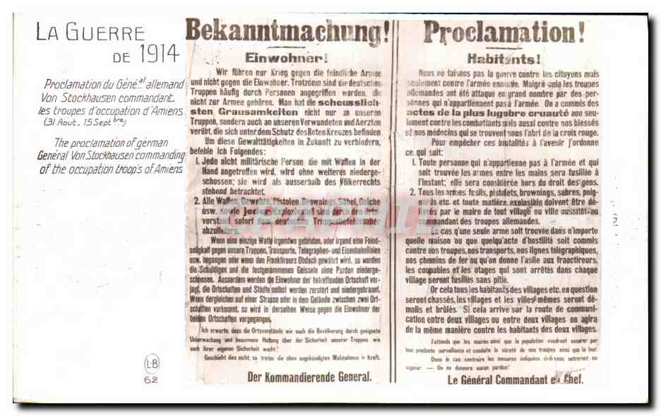 Proclamation de l'occupation allemande à Amiens — 15 septembre 1914 — éditée par la Collection Historique