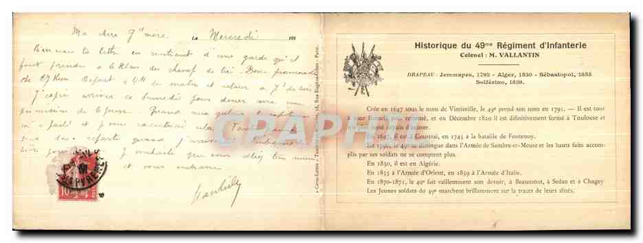 Carte lettre Militaire Batonne La Chateau La citadelle 49eme regiment d infanterie Vallatin Colonel  — Rückseite