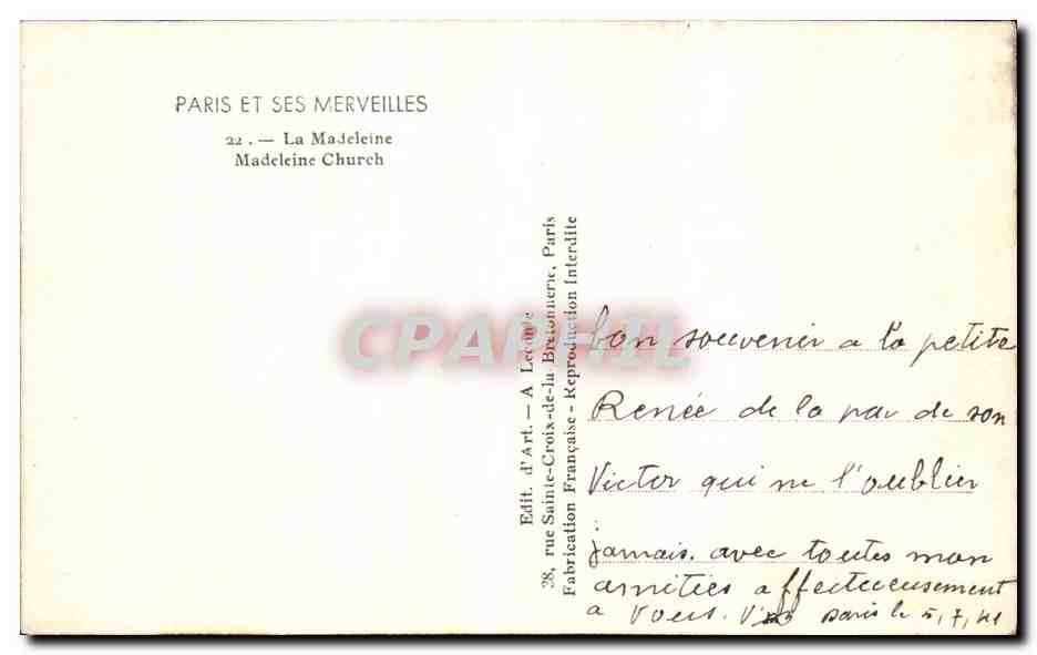 CPA Paris Et Ses Merveilles La Madeleine  — Verso