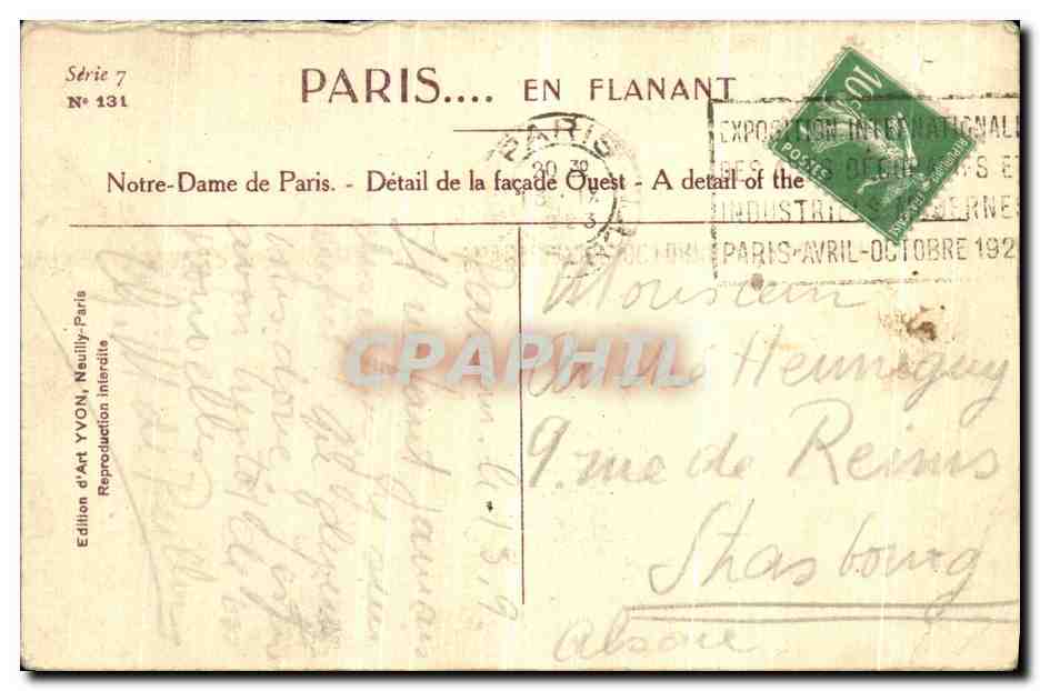 CPA Paris Notre Dame Gargouille Chimere — Rückseite