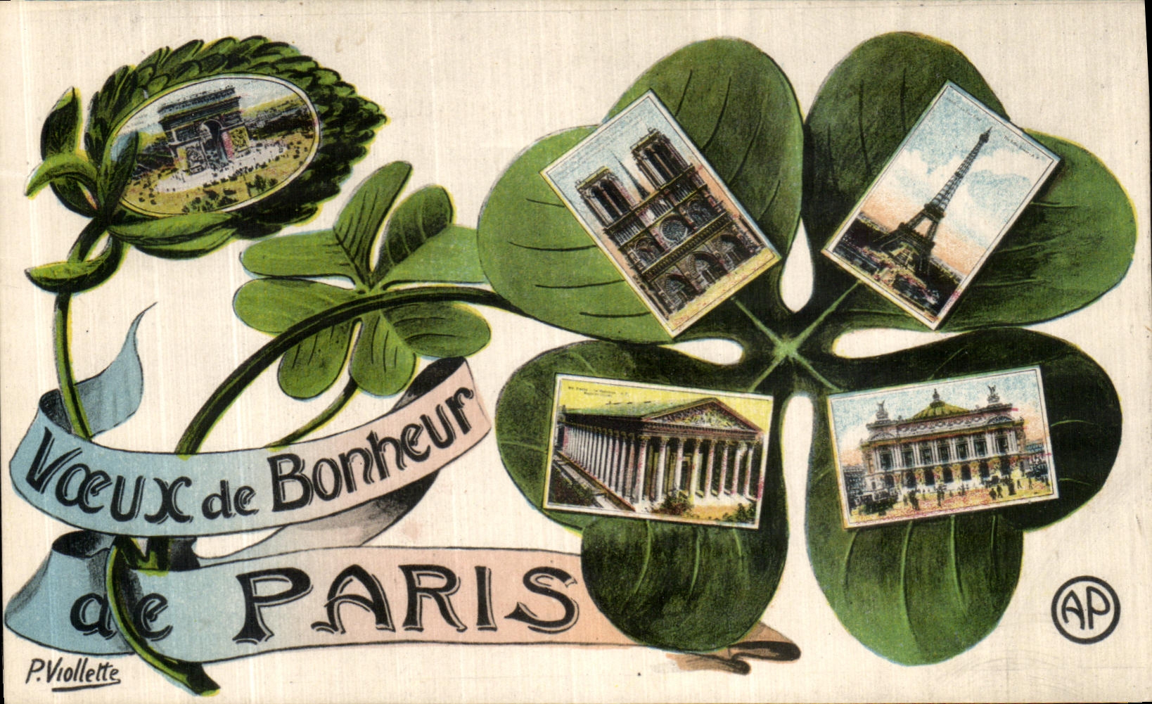 CPA Voeux de Bonheur Paris Tour Eiffel Notre Dame Madeleine opera Trefle